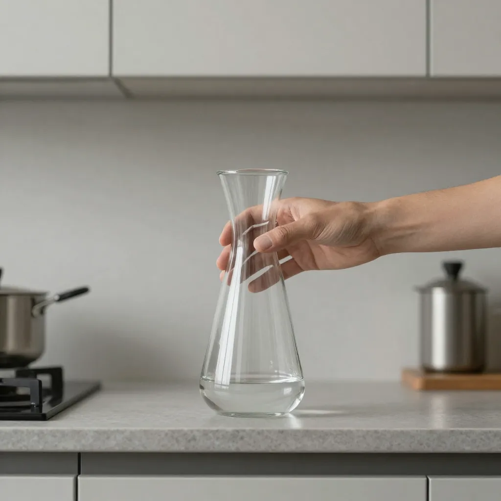 Glass carafe on dining table with natural linen and flowers
