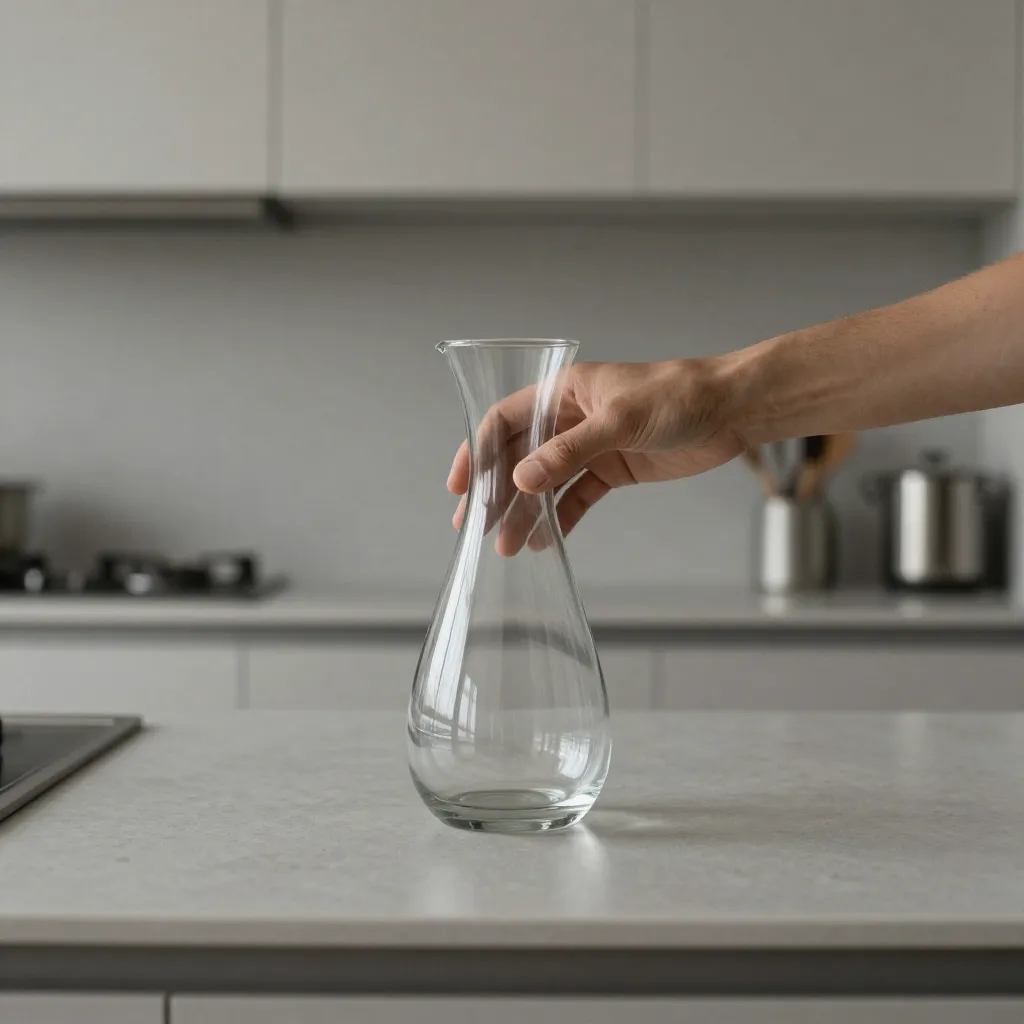 Minimalist workspace with glass bottle and greenery