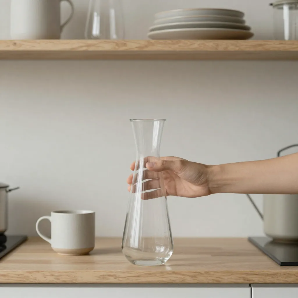 Glass carafe on rustic wooden table with herbs