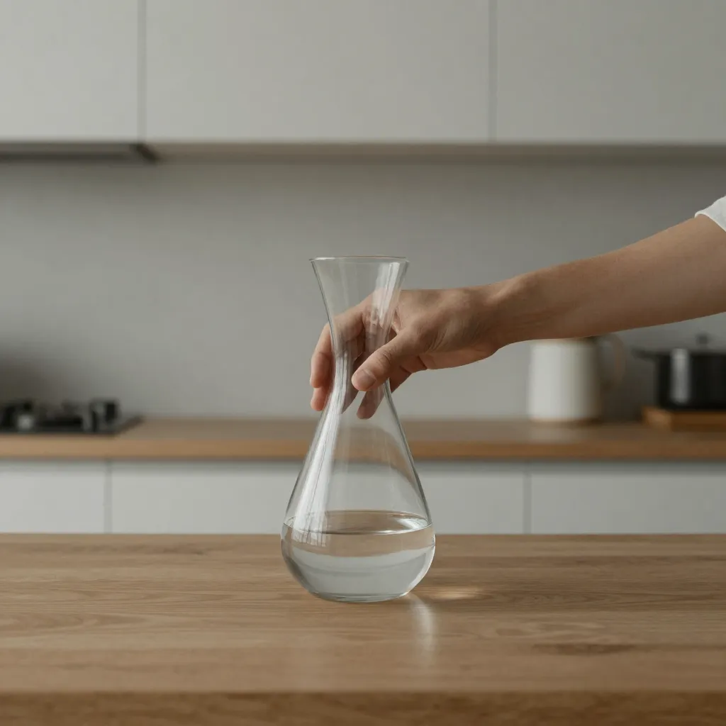 Minimalist display with single glass bottle and plant