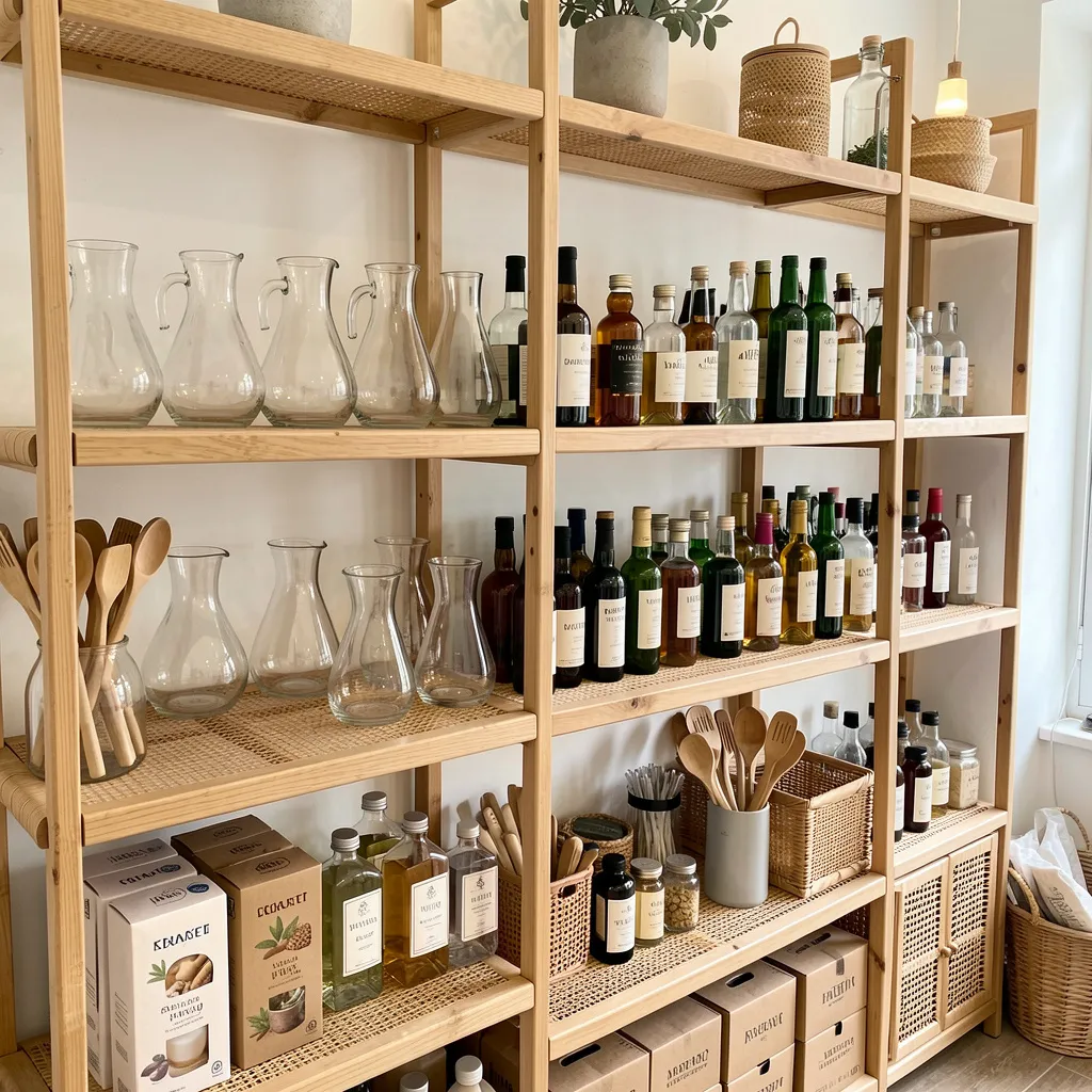Glass bottles and carafes arranged on display shelf